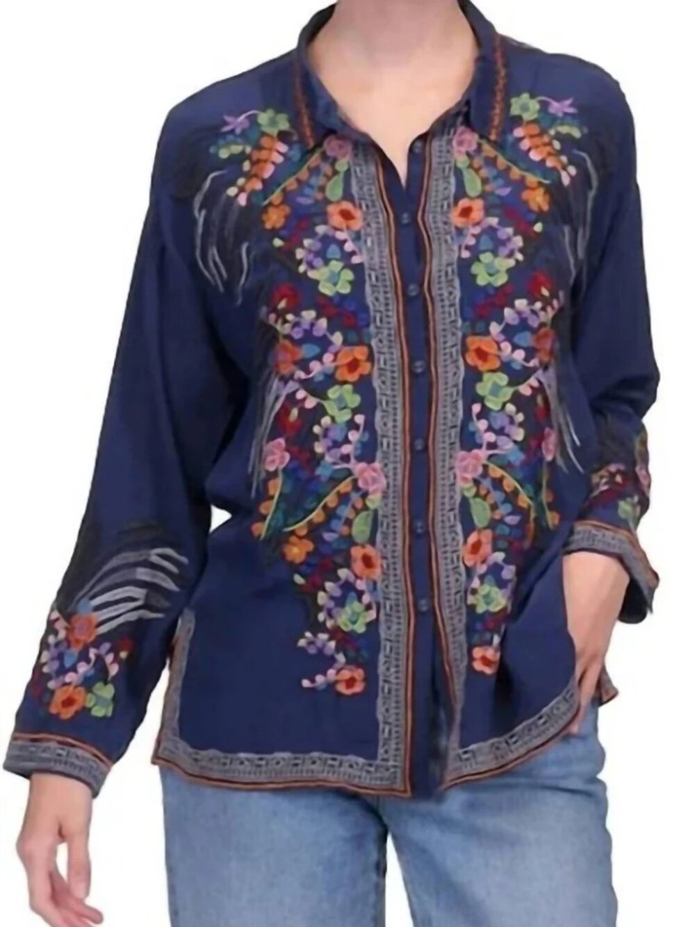 Johnny Was Biya Audrey Silk Embroidered Navy Blouse - Womans Size S